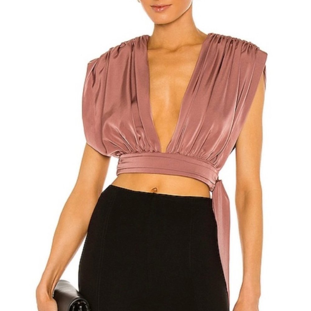 Revolve NBD Womens Yulia Satin Wrap Crop Top Pink Mauve S Plunge Ruched Tie New